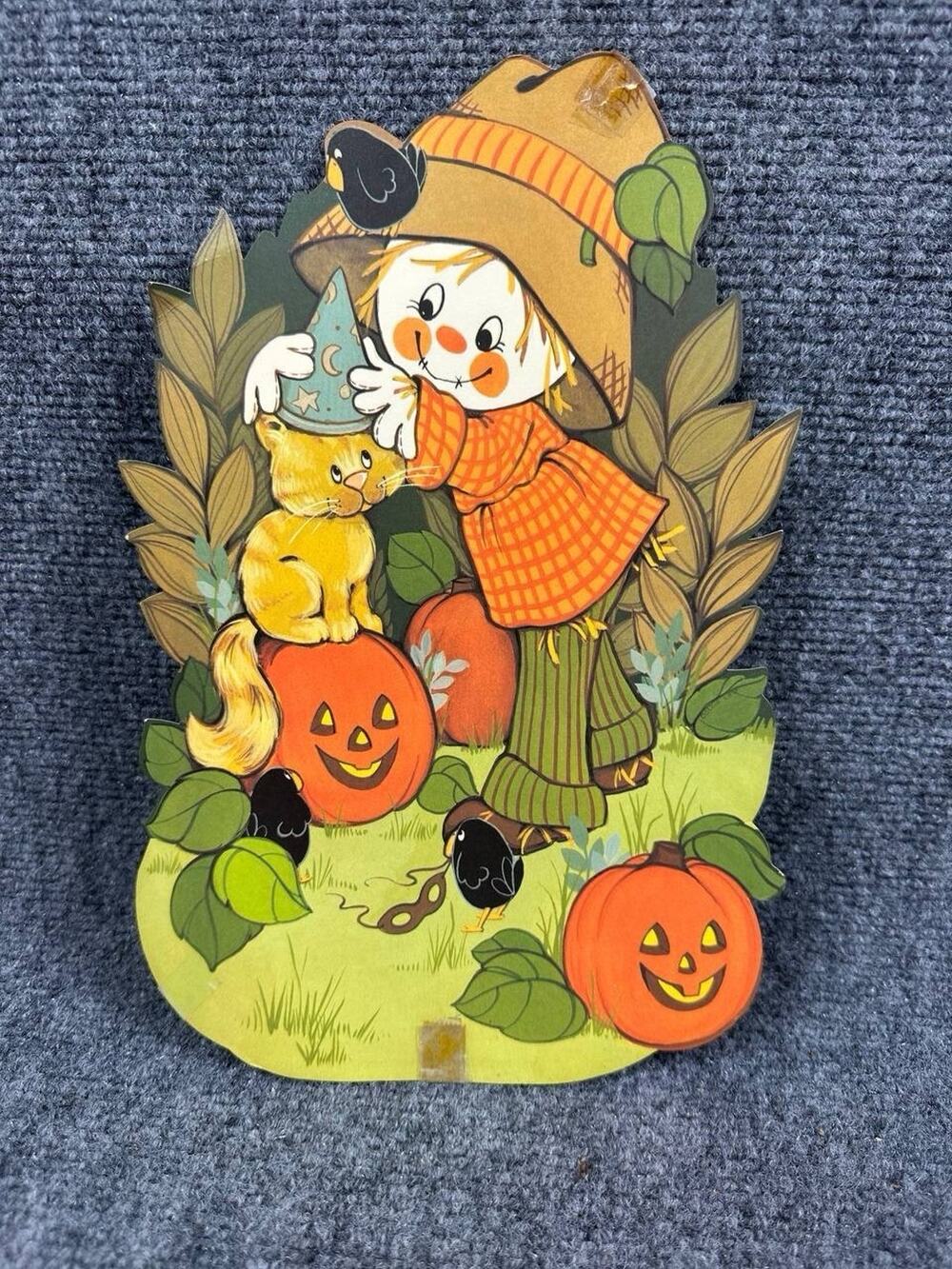 Vintage Halloween Decoration Cardstock Die Cut Decor Scarecrow Cat Pumpkin